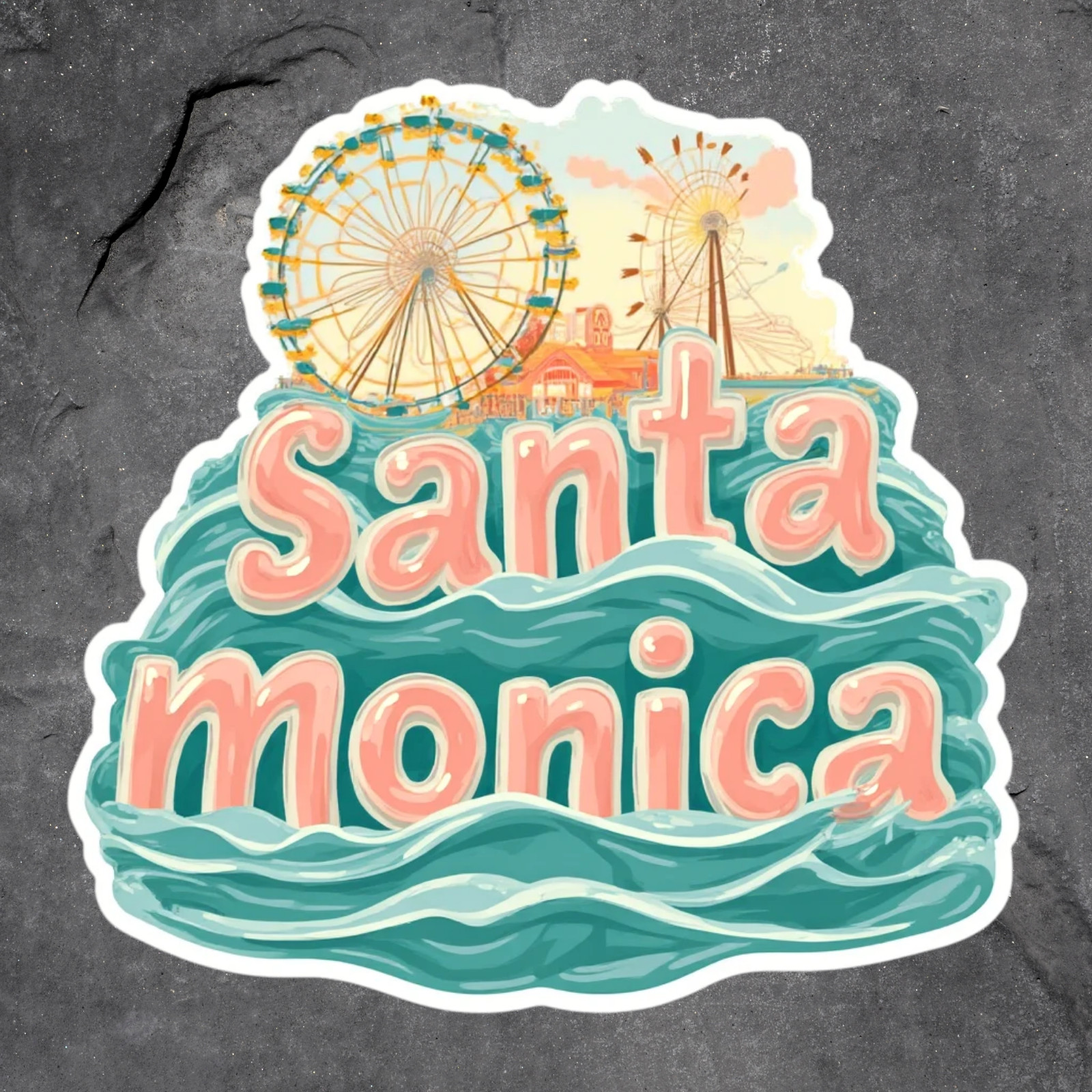 Santa Monica Sticker Vinyl Decal Ferris Wheel Beach Pier Retro California Travel