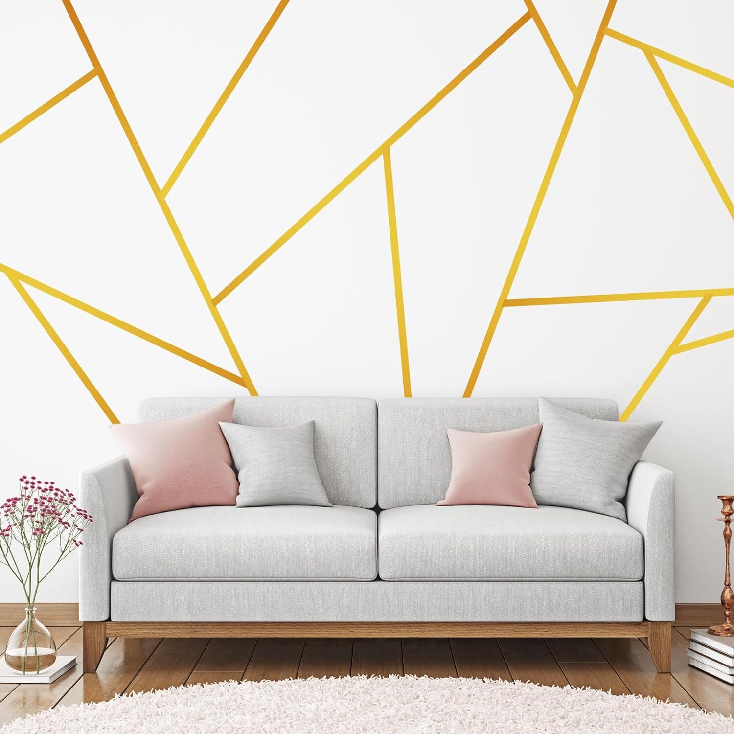 Hoolerry 24 Pcs 70.8 x 1.2 Inch Metallic Line Wall Decals Peel and Stick Gold