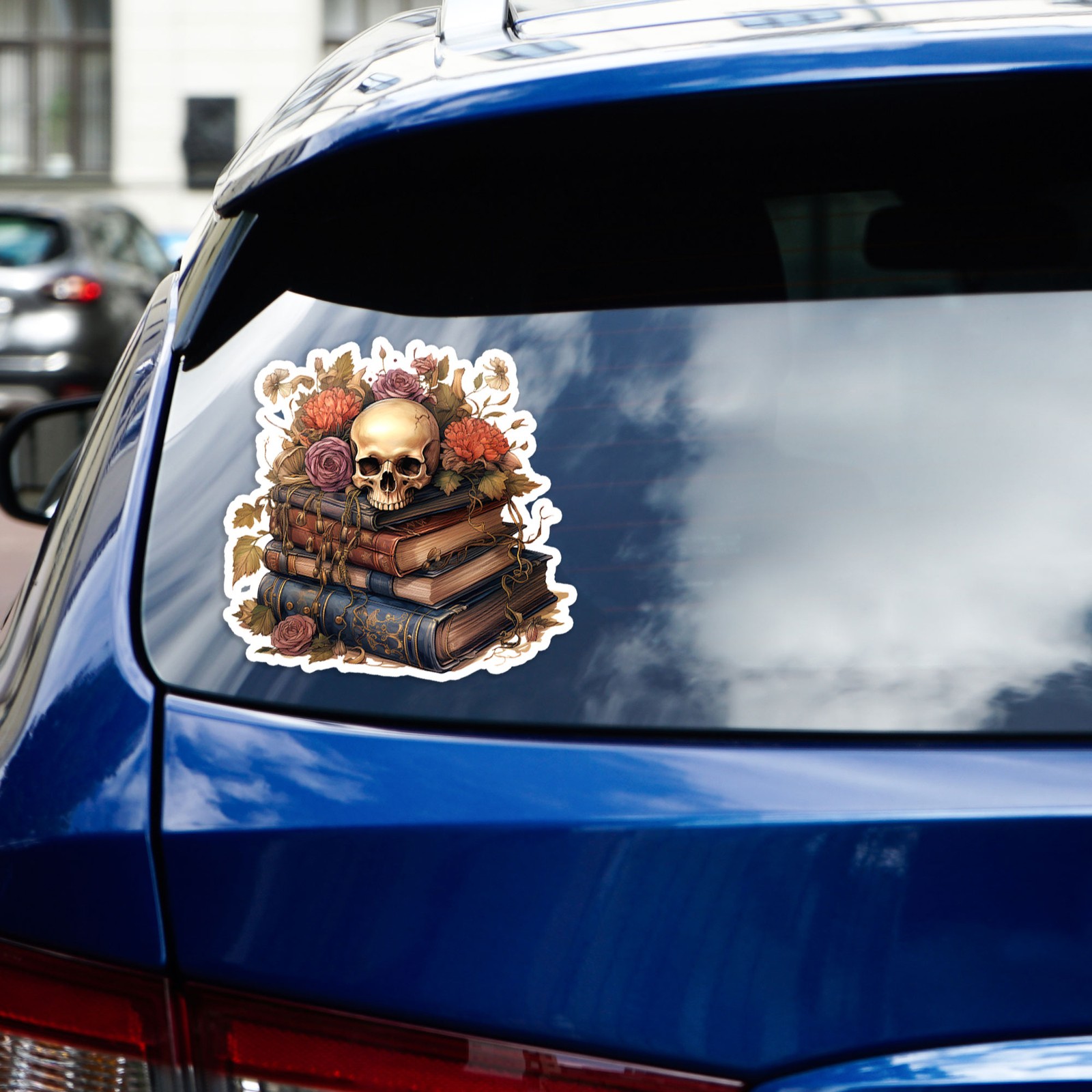Autumn Flowers Skull Books – Vinyl Decal Sticker – Car Window Laptop – #249