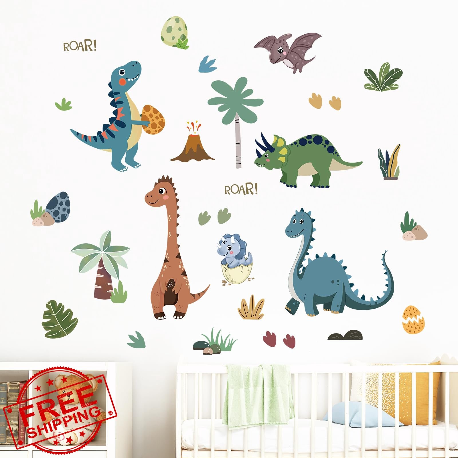 FUFUQUARE Dinosaur Palm Tree Wall Decals Green