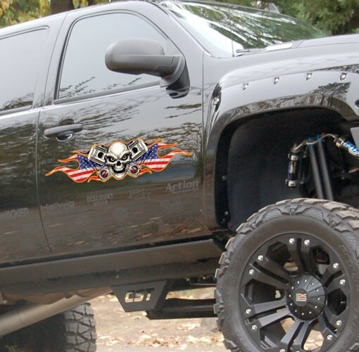 Peel-off – Skull Pistons Flag Car Sticker – Window – Auto Decal 36 inch