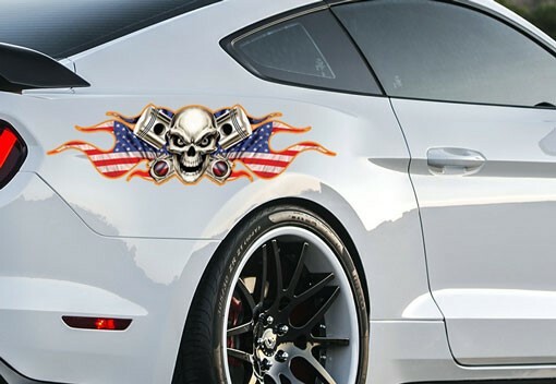 Peel-off – Skull Pistons Flag Car Sticker – Window – Auto Decal 36 inch