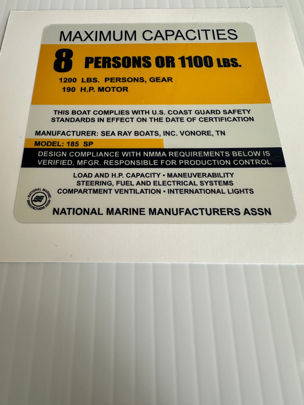 Sea Ray 185 Sport Capacity Plate Sticker – Replacement Decal – Same Day Shipping