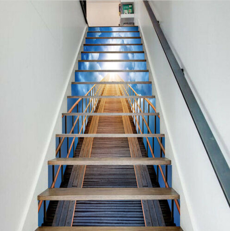 13pcs 3D Blue Sky Ladder Self-adhesive Stickers Stair Riser Decal Home Decor New