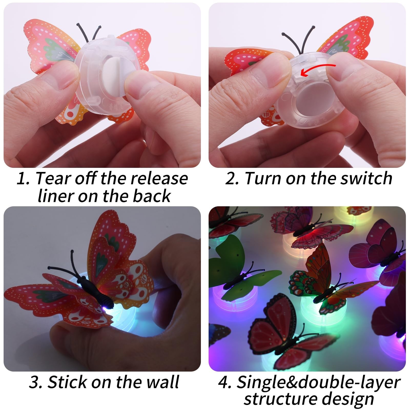 3D Butterfly Wall Decor with LED Lights, Glow-in-the-Dark Stickers, 48 Pcs for B