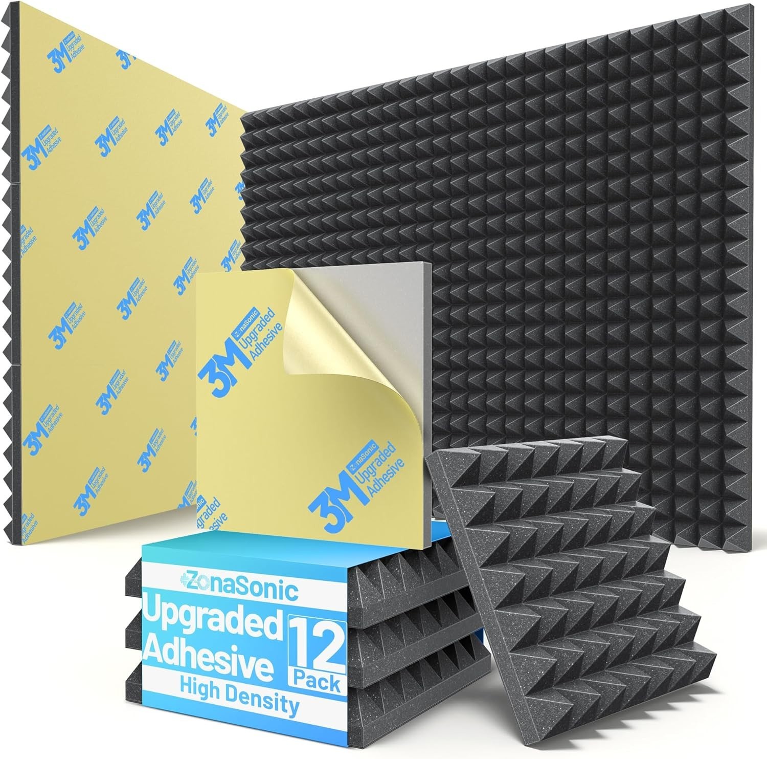 12 Black Pyramid Panels, Noise Reduction, Self-Adhesive High-Density Foam Wall P
