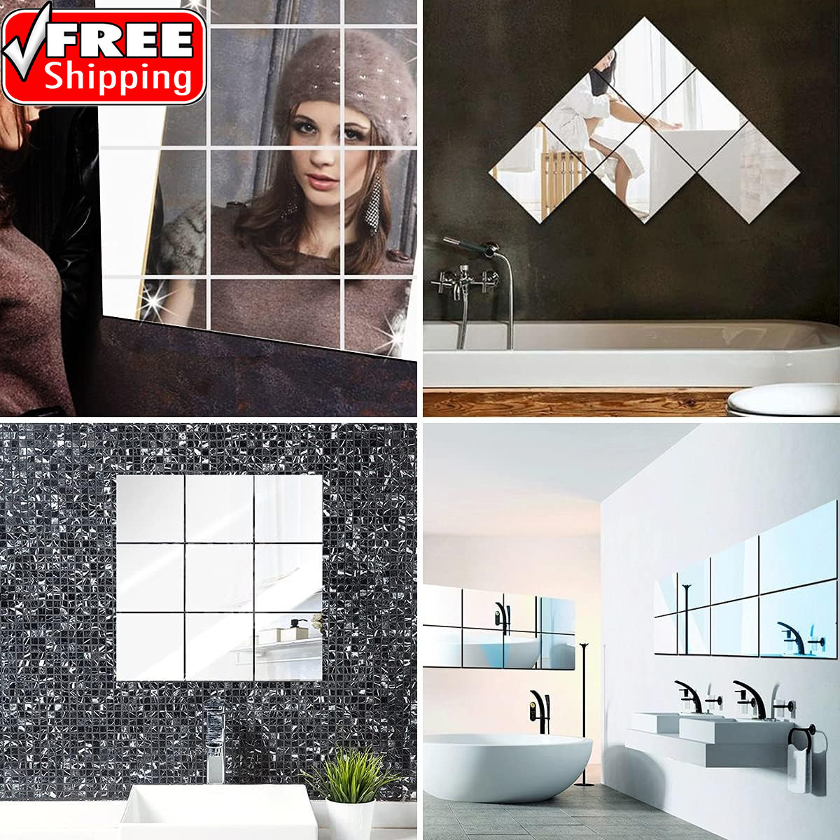 10 Pieces Flexible Mirror Sheets, Self Adhesive Decorative Plastic Mirror Tiles