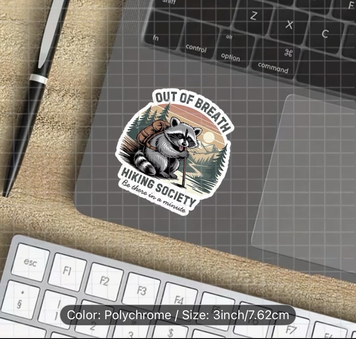 2 PC – 3” Out Of Breathe Hiking Society Raccoon Funny Outdoors Sticker Decal
