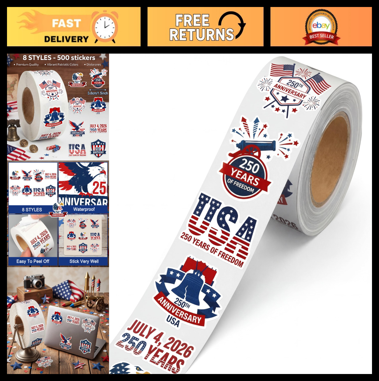 500 Pcs 250th Anniversary Stickers – 1.5" Patriotic Decals for July 4th, Scrapbo