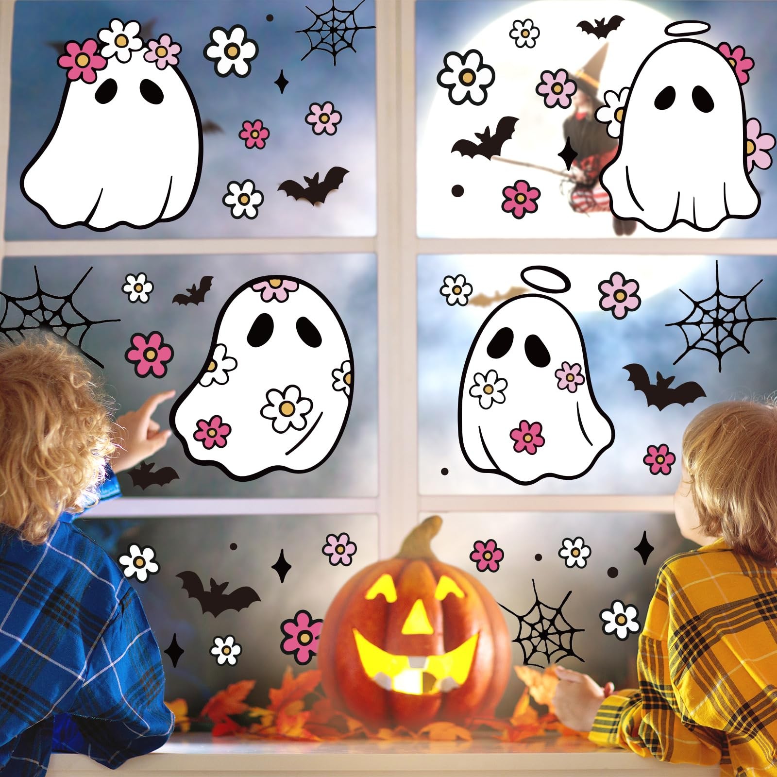 JarThenaAMCS 84Pcs Halloween Window Clings Floral 7.9 x 11.8 inch, Multicolor