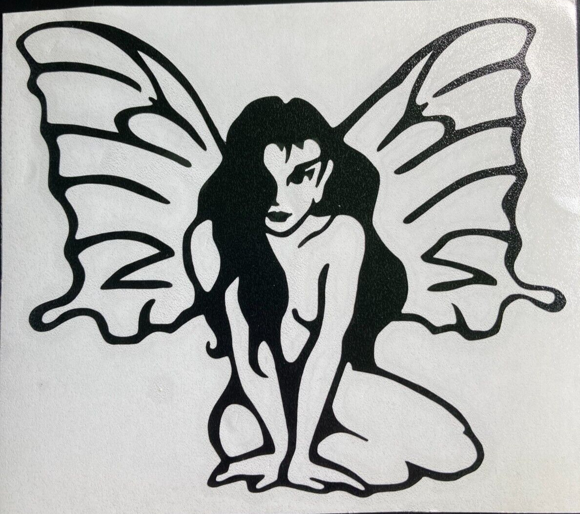 Fairy Lady Beautiful Wings Long Black Hair Vinyl Window Sticker Large 6" x 5"