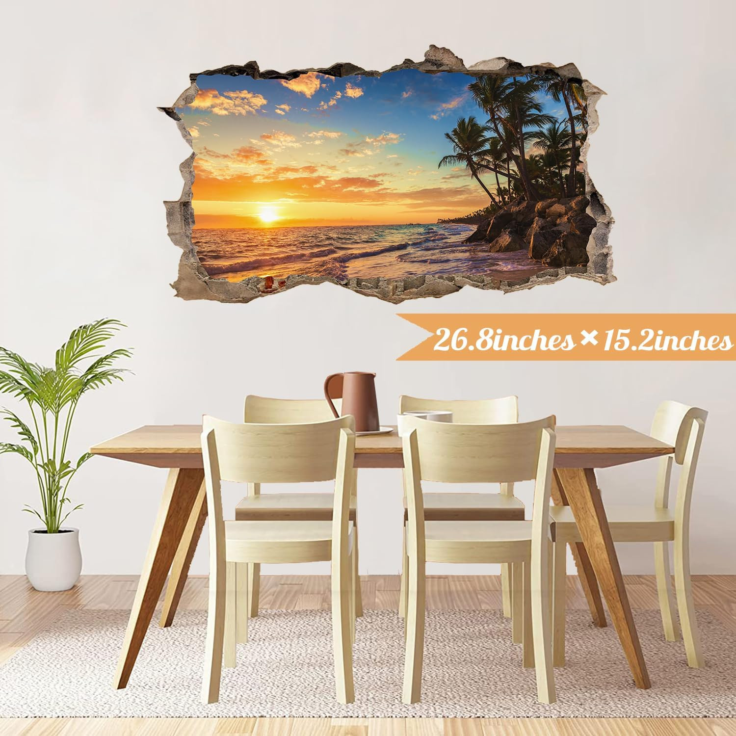 3D Sunset Beach Wall Decals, Peel and Stick Art Murals, Palm Tree Stickers