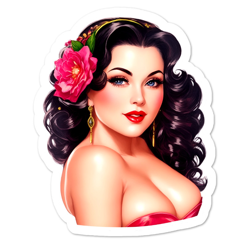 Pin Up Pretty Woman Flower Vinyl Sticker, Water Resistant Scrapbooking Laptop