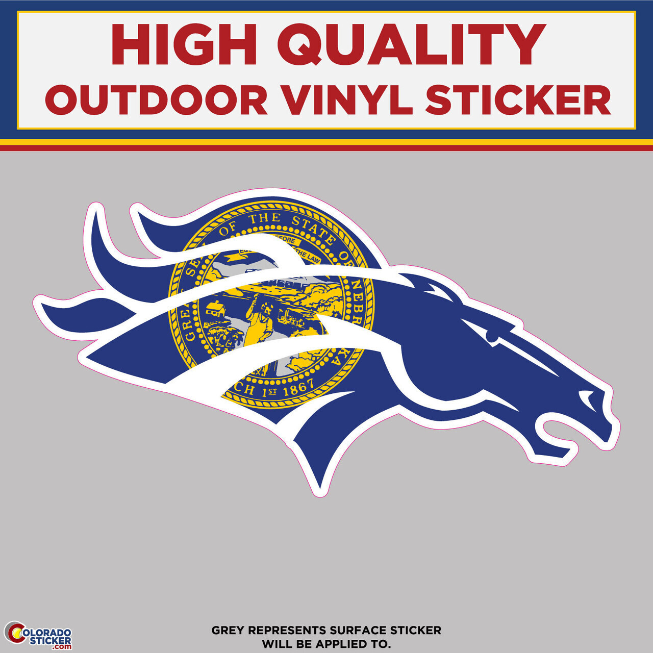 Broncos Horse Head With Nebraska Flag, High Quality Vinyl Stickers