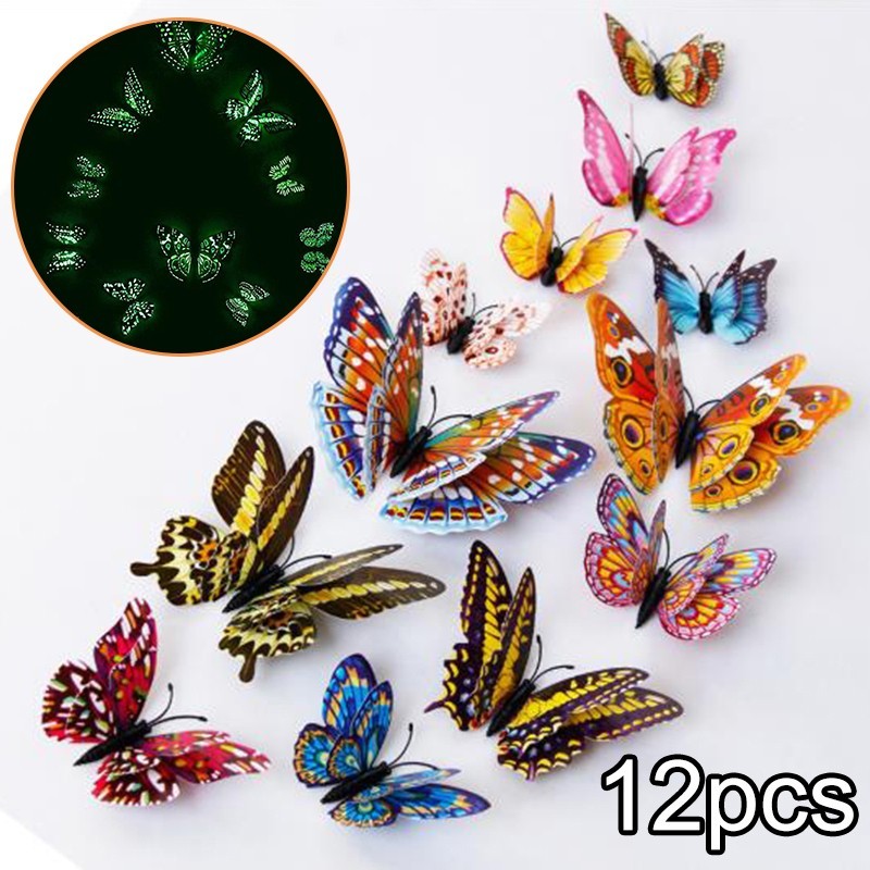 12Pcs – 3D/Luminous Butterfly Wall Stickers Double Layer Decals Home Art/ Decor