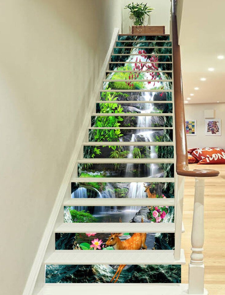 3D Cave Waterfall AZ386 Stair Risers Decoration Mural Vinyl Wallpaper Kay