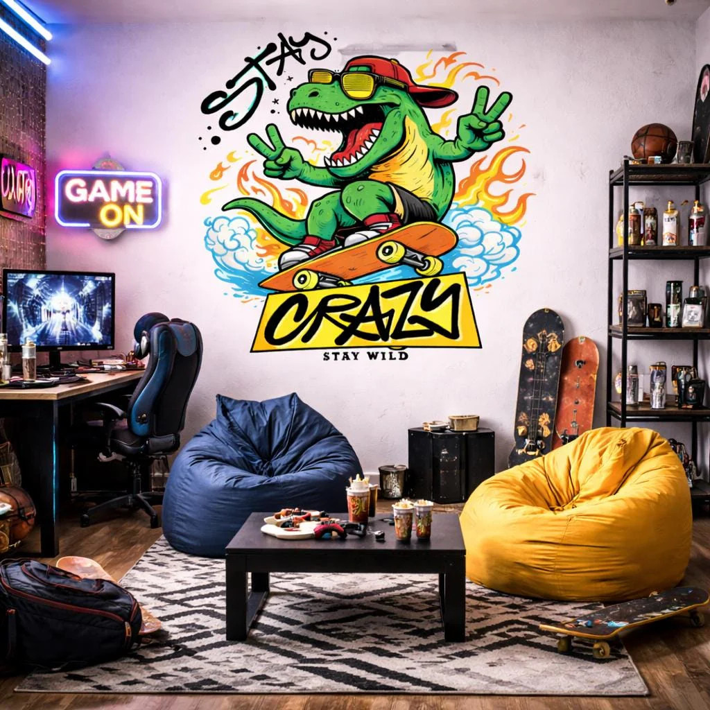 Skateboarding T-Rex Decal | Stay Crazy Dinosaur Sticker