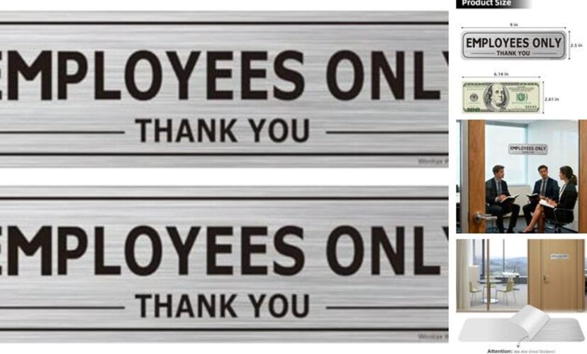 2 Pack Employees Only Sign Stickers 9"x2.5", Back Adhesive, Metal like Brushed