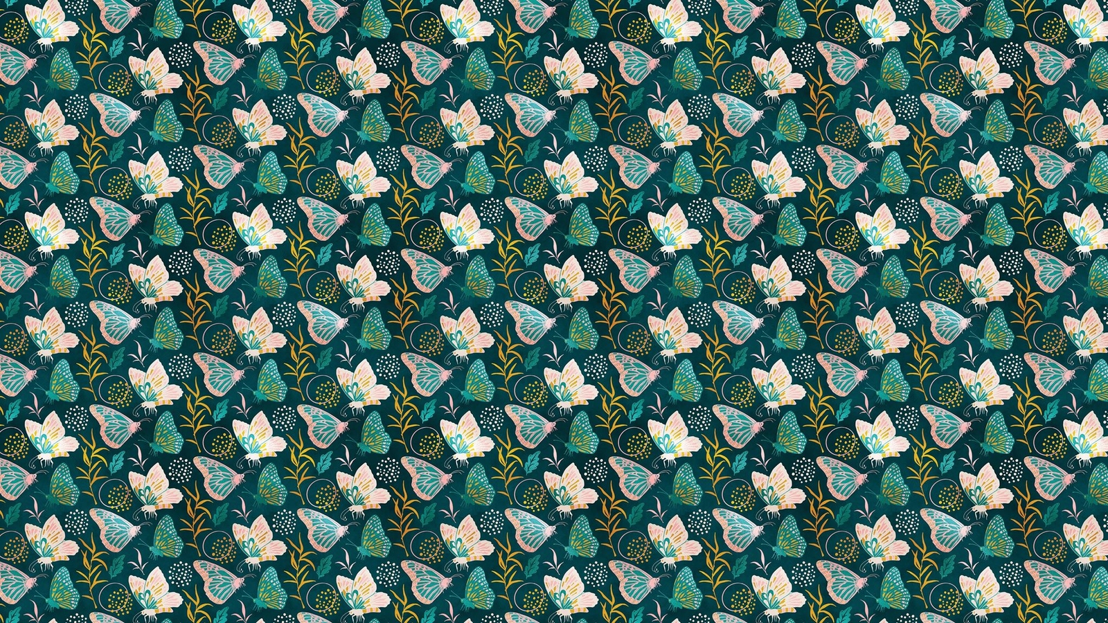 Butterfly Pattern Wall Mural. Retro Green and Gold Color Illustration Design. Be
