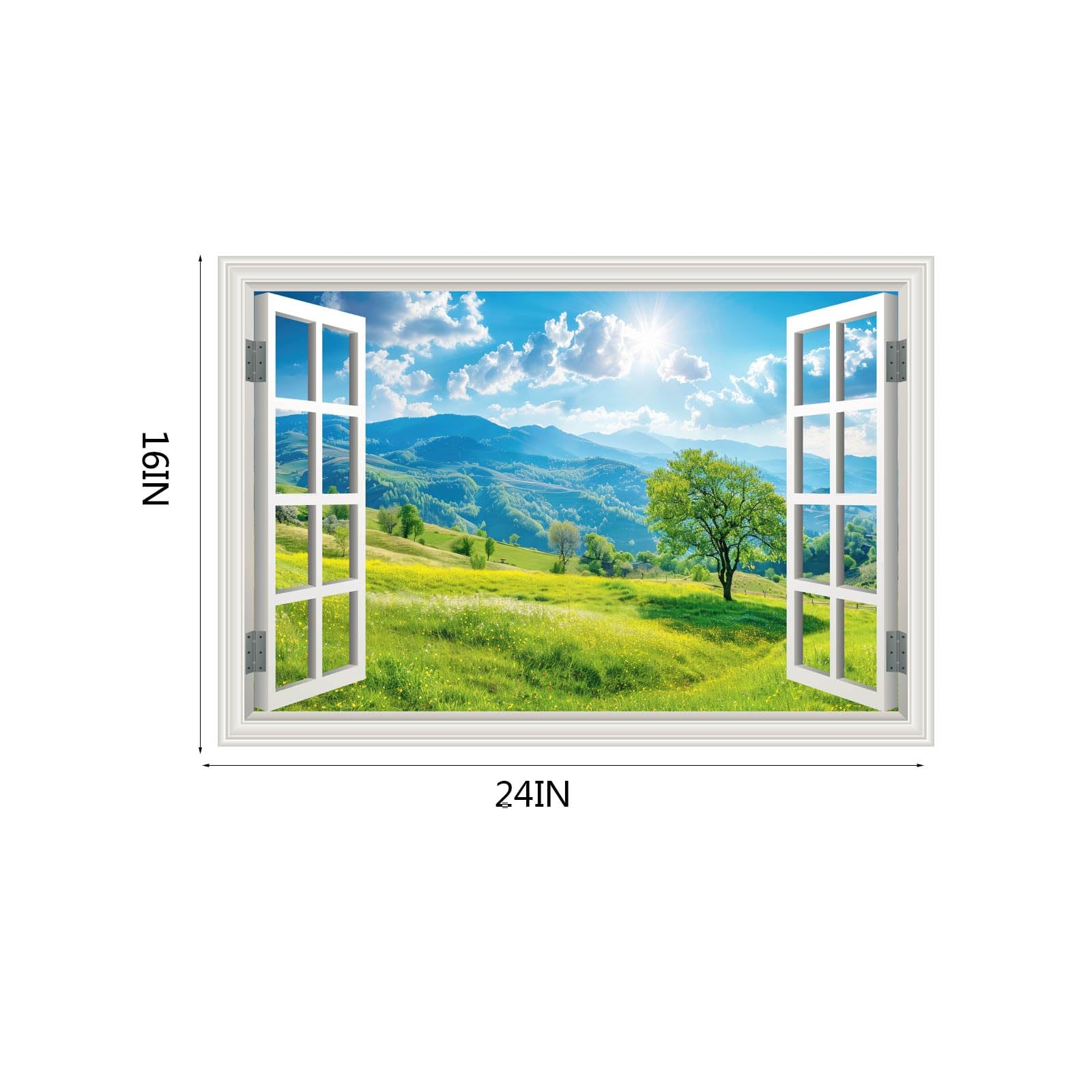 Fake Window Wall Sticker Summer Mountain Grassland Green Forest Tree Faux Win…
