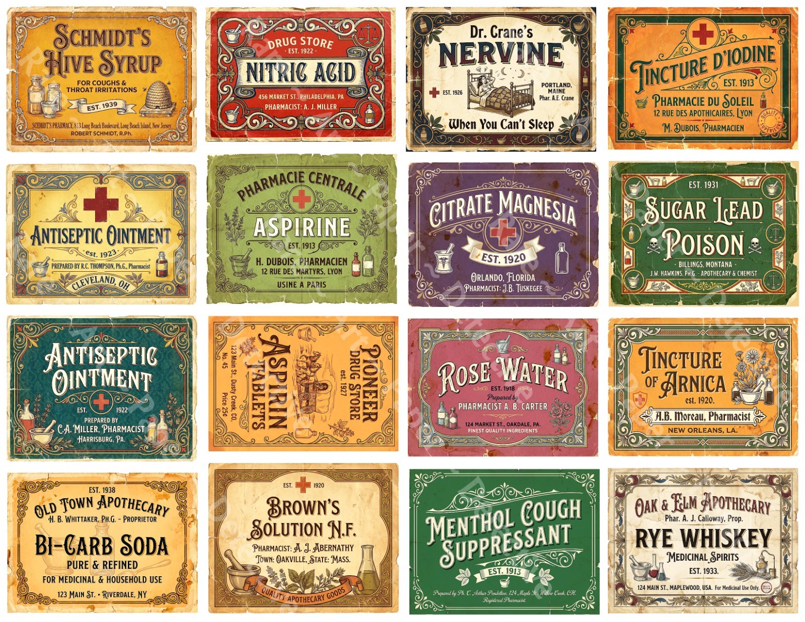 16 Vintage Apothecary Stickers for Medicine Cabinet Décor, Cut & Peel Sheet 1452
