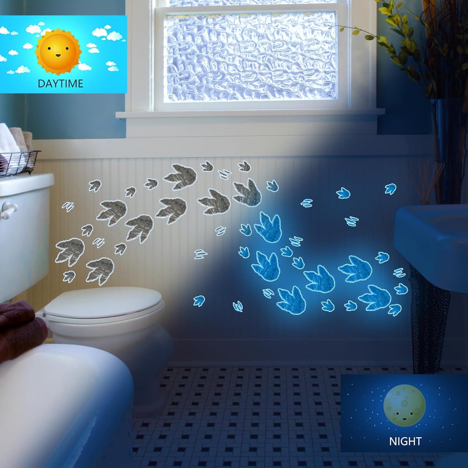 Glow in the Dark Blue Dinosaur Footprint Wall Stickers 2 Sheets
