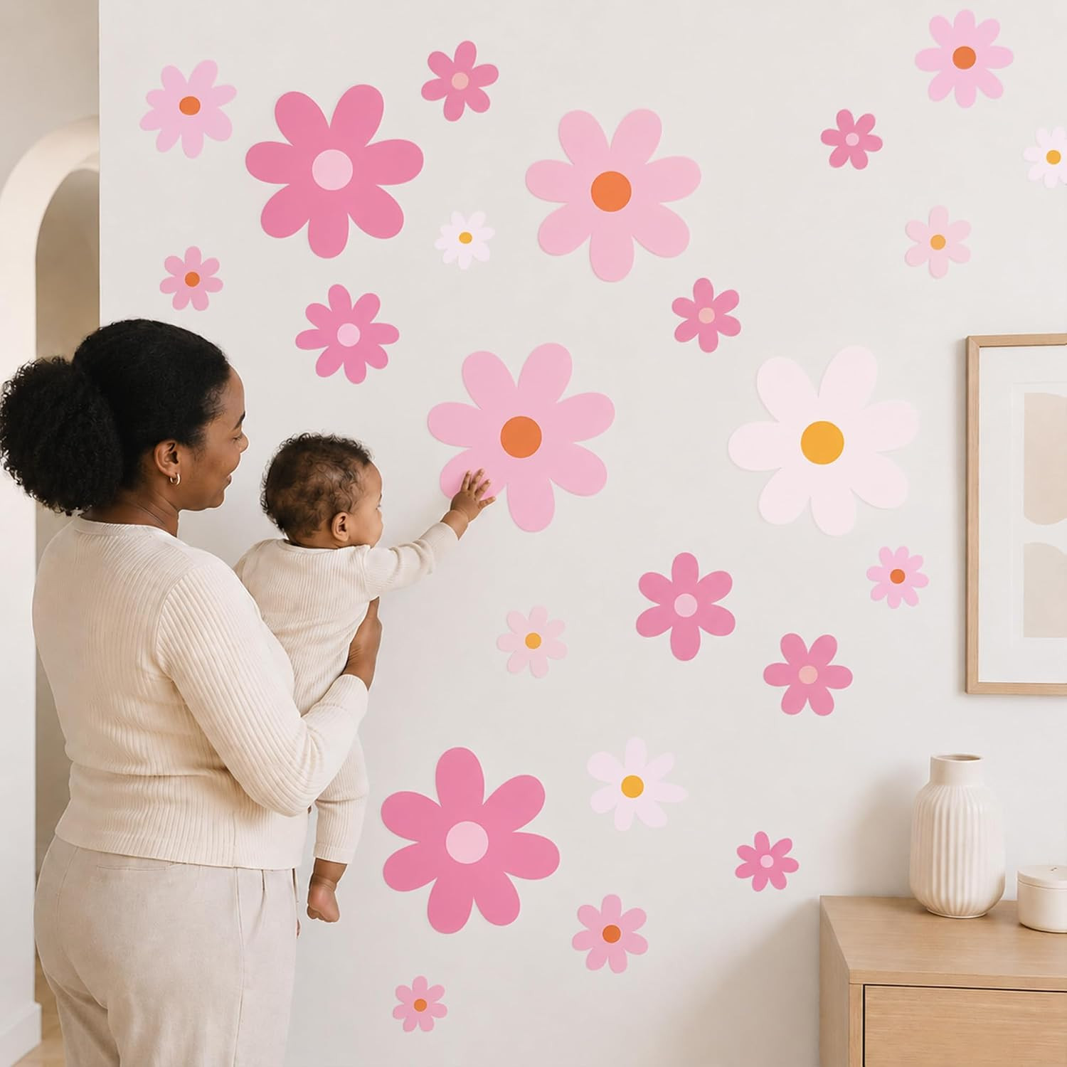 Large Daisy Wall Decals – 52 Pcs Pink Peel and Stick Flower Wall Stickers for Be