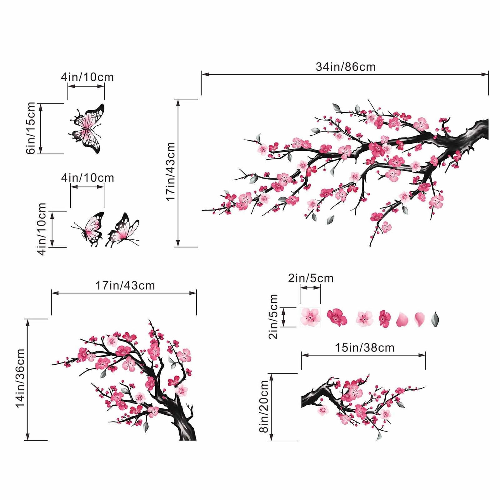 Pink Watercolor Cherry Blossom Flower Wall Stickers – Tree Branch Birds Floral C