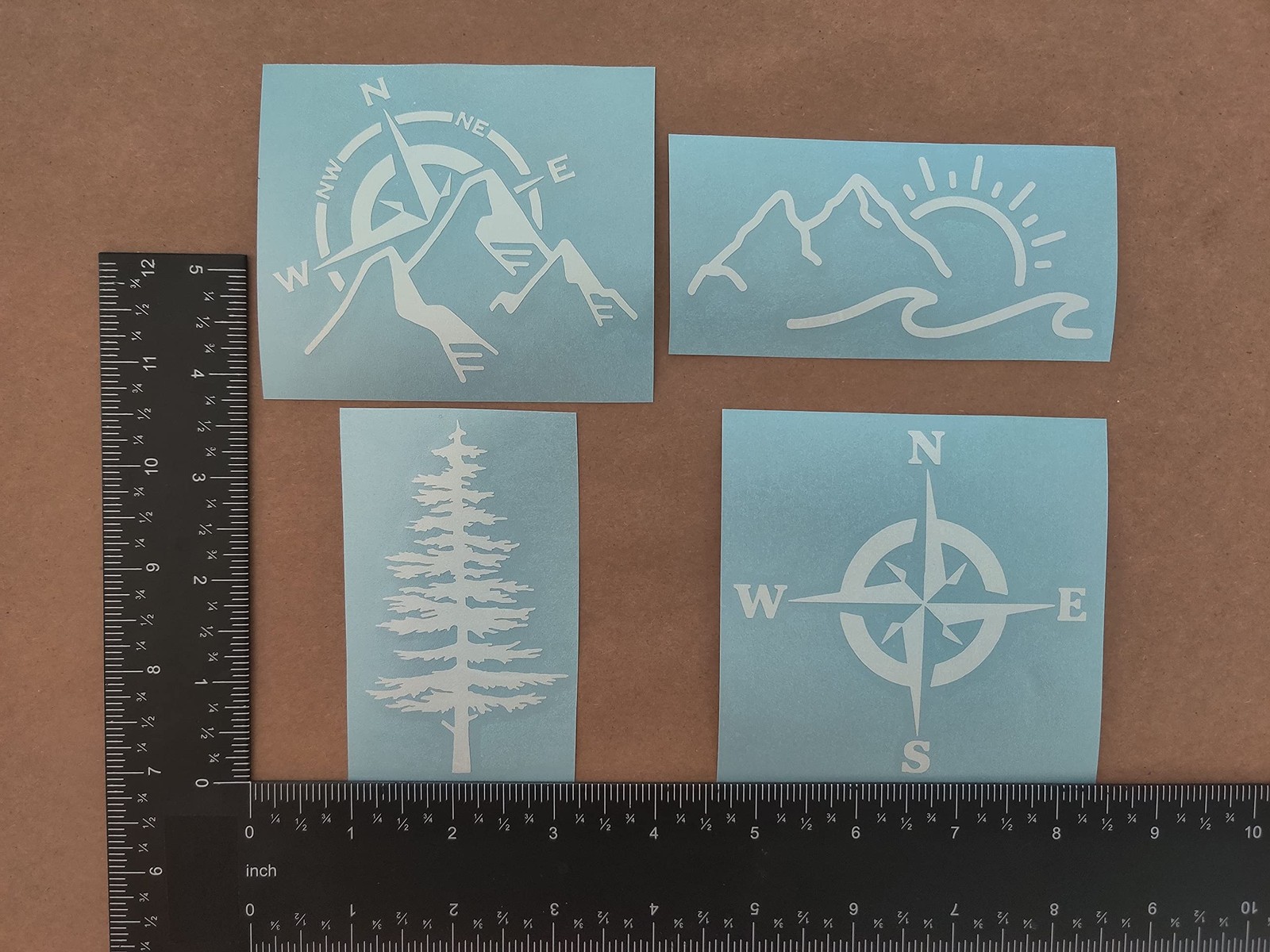 Mountain Decal 4 Pack: Compass, Sun Waves, Pine Tree, Small 3.5" White