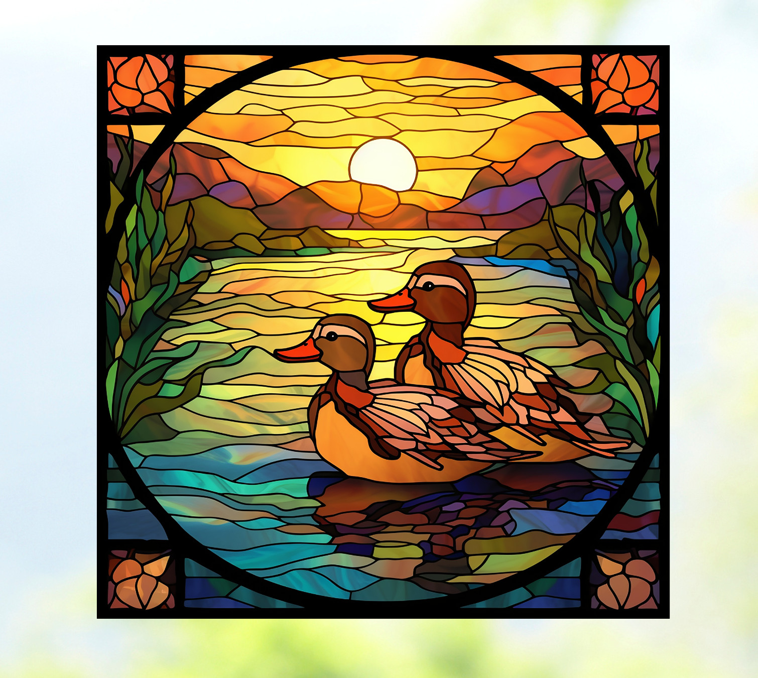2 Ducks ~ Duck Couple ~ Sunset ~ Faux Stained-Glass WINDOW CLING Size 8" Vinyl
