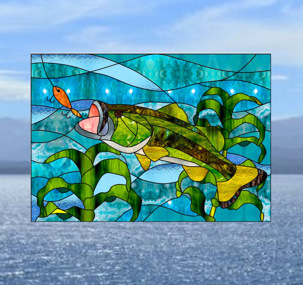 Bass Fishing Faux Stained-Glass WINDOW CLING Size 10.6" Repositionable Vinyl