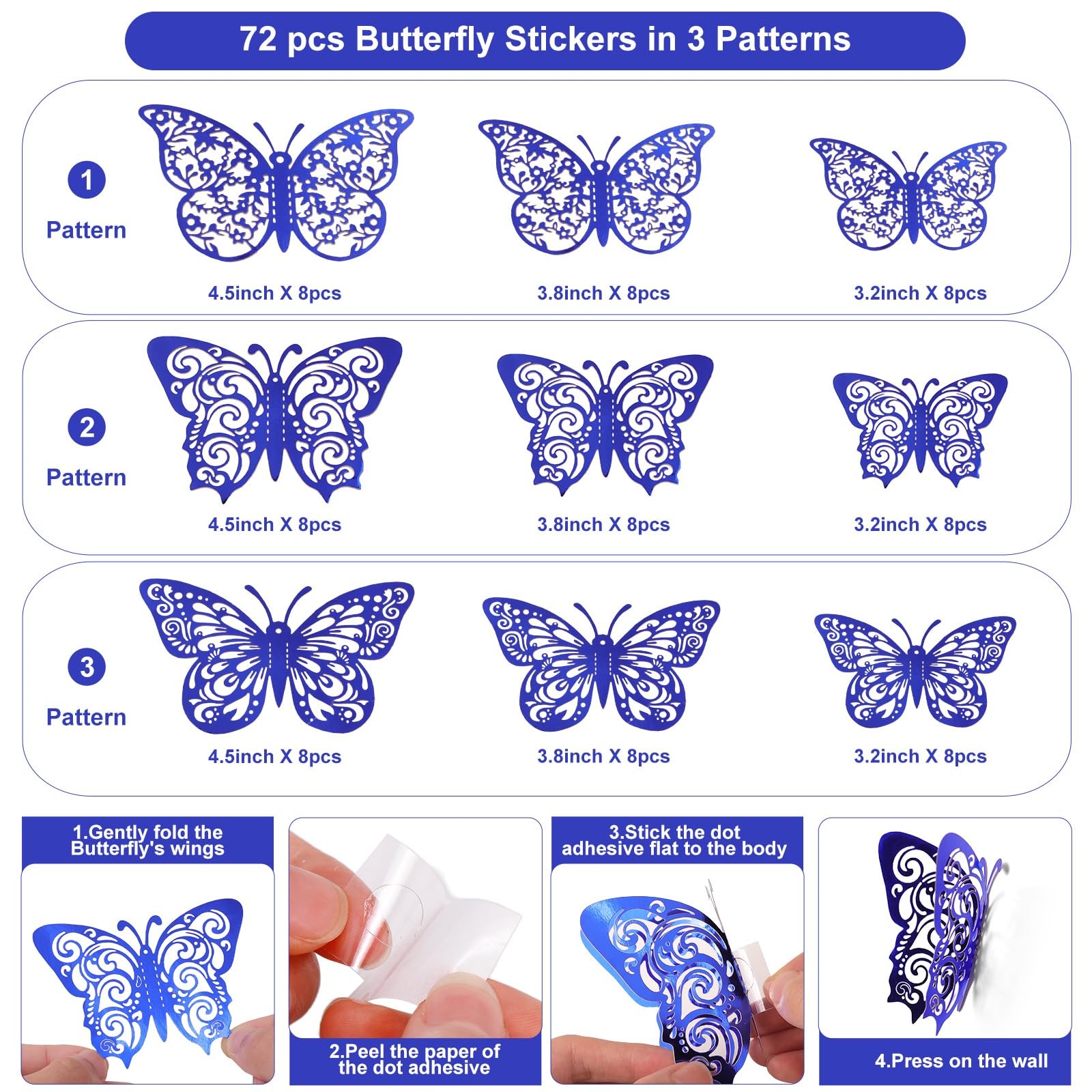 72 Pcs Butterfly Decorations, 3 Sizes 3 Styles, 3D Wall Decor, Blue