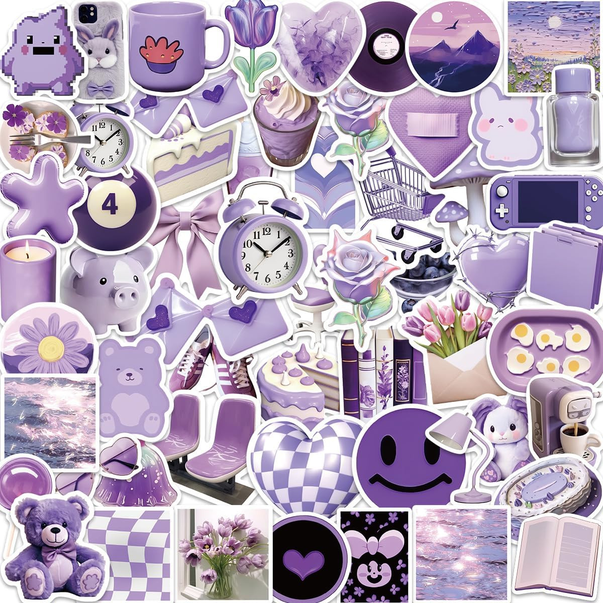 Aesthetic Purple Waterproof Stickers for Water Bottle, 56Pcs Cute Aesthetic Stic
