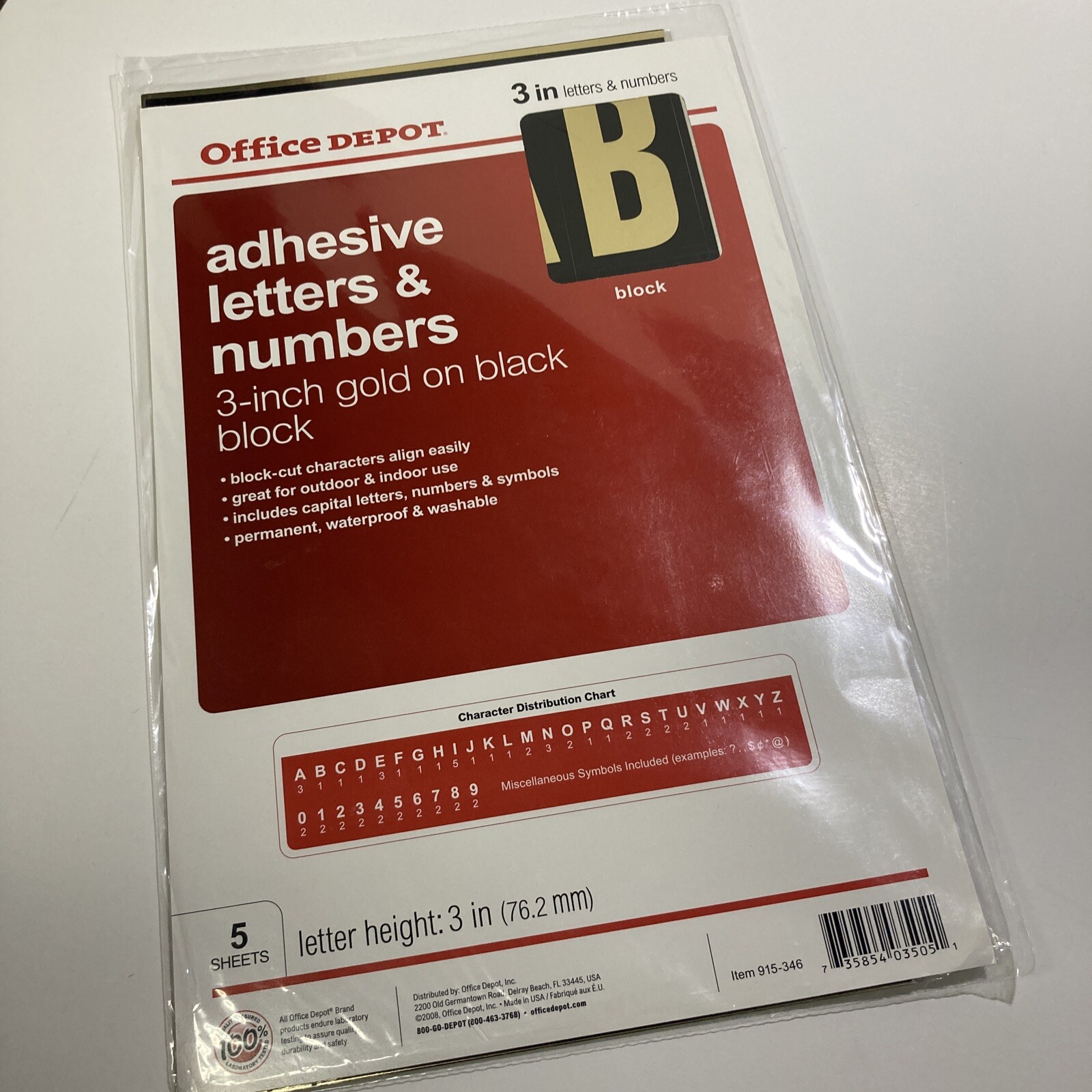 Adhesive Permanent 3" Block Letters & Numbers, Gold