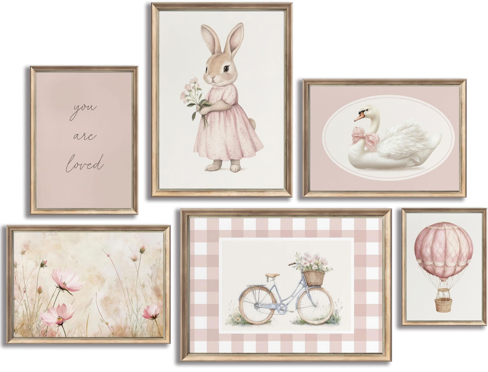 6Pcs Pink Nursery Bunny Wall Art Kids Swan Flower Painting Pictures Cute Rabb…