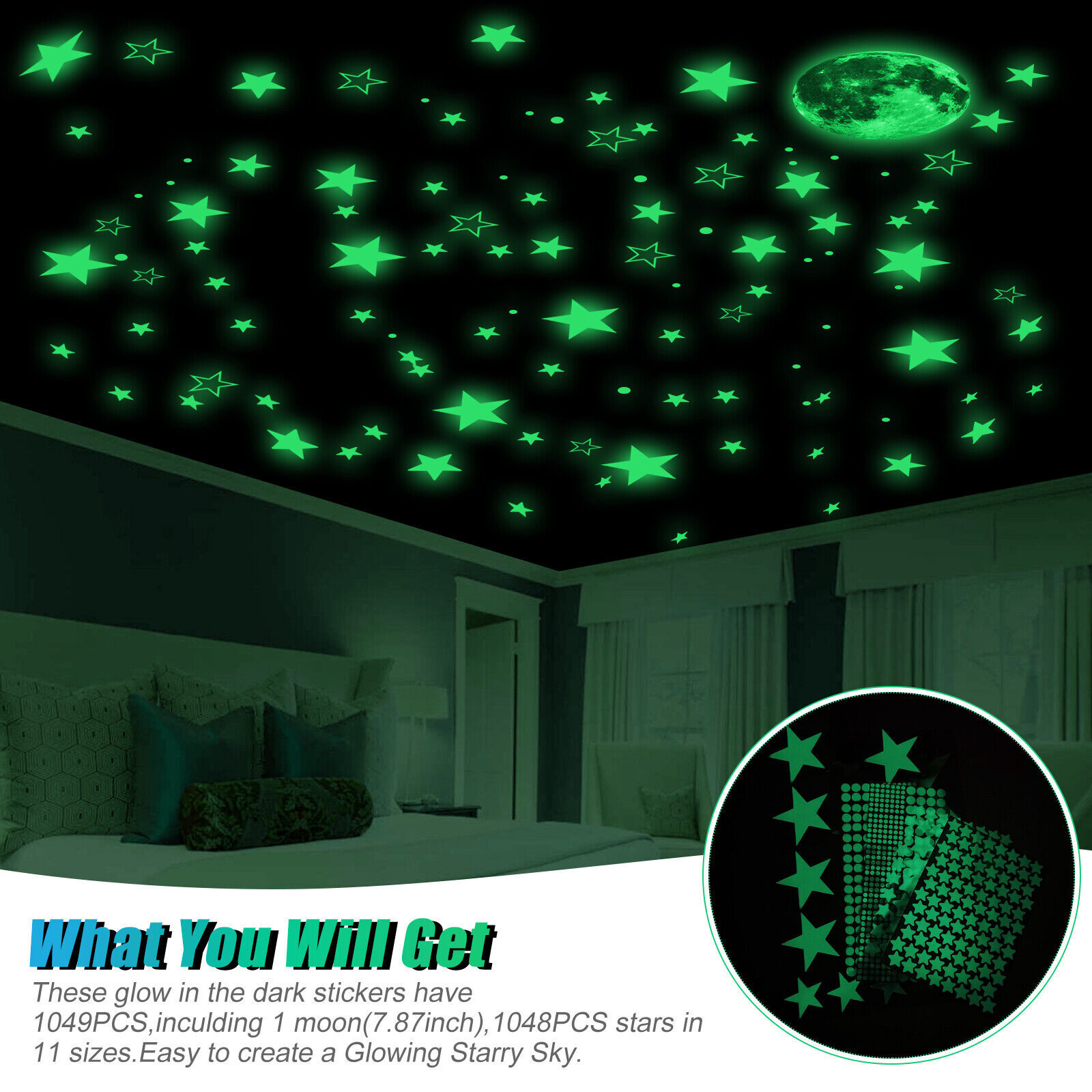 1049 Glow In The Dark Wall Sticker Stars Moon Luminous Kid Bedroom Ceiling Decal