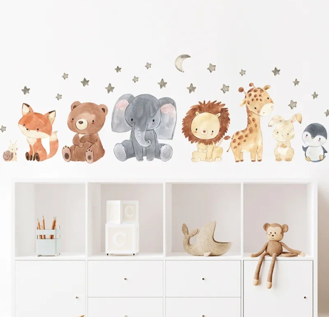 Watercolor Cartoon Cute Animals Wall Stickers peel and stick decal for kids baby