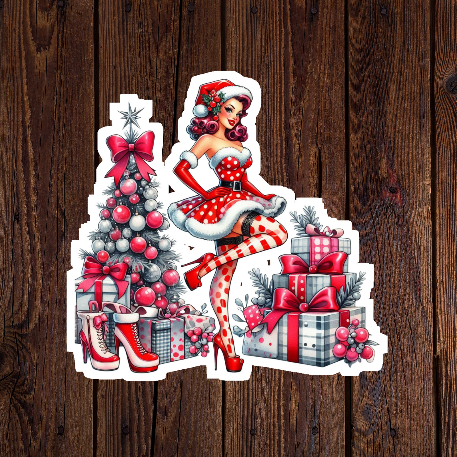 Pinup girl sticker vinyl decal sexy christmas dress high heels red lips