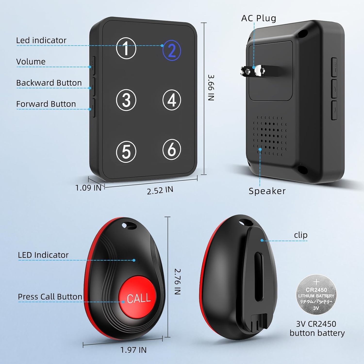 Wireless Caregiver Call Button System, Plug-in Nurse Caregiver Pager for