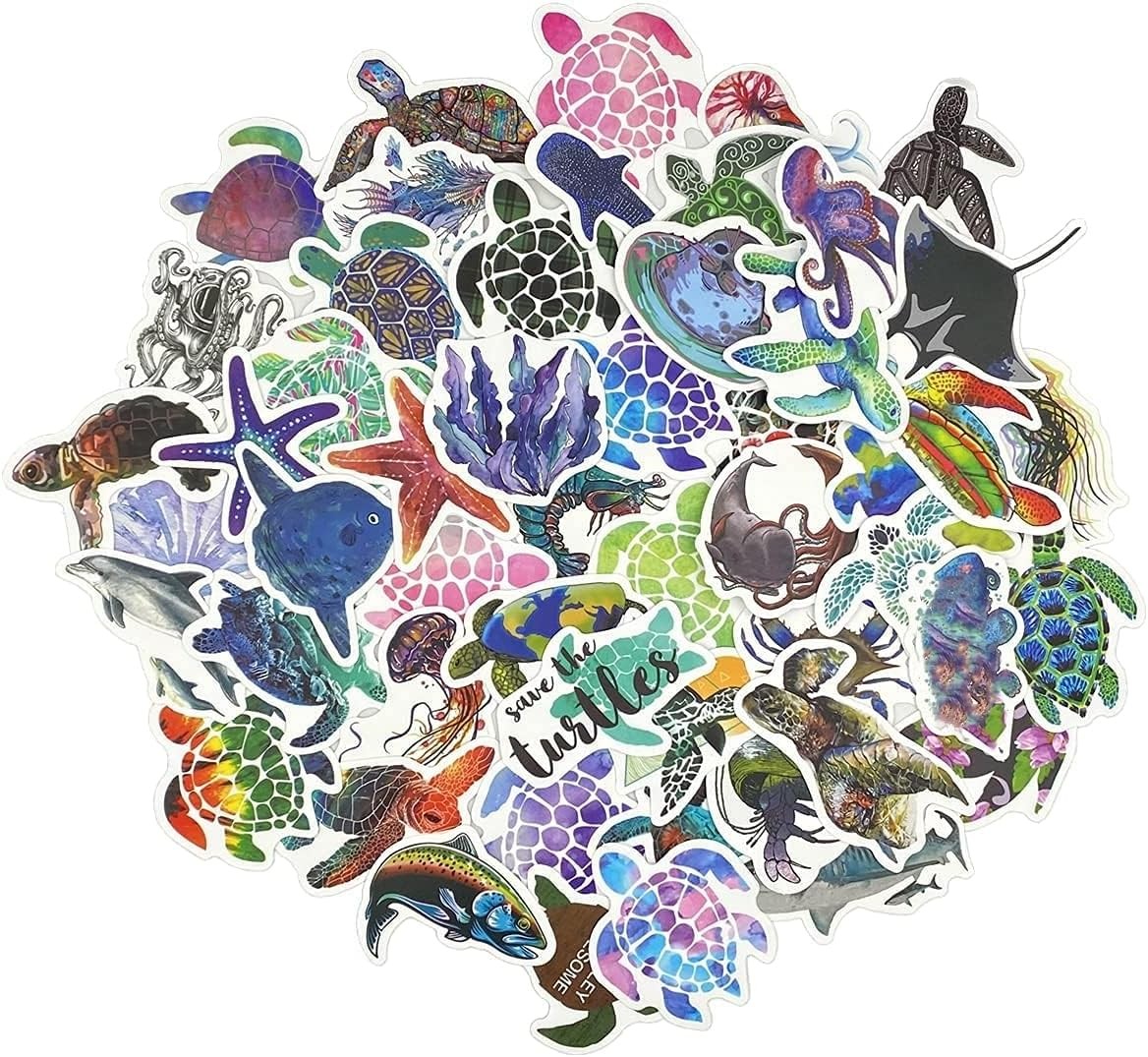 Aowplc 100 Pcs Ocean Animal Stickers, Waterproof Vinyl Sea Life Sticker Pack