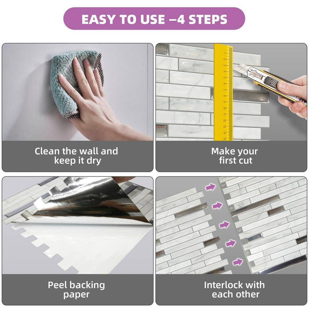 Jeedeson Peel Stick Wall Tile 12in Marble White Silver Kitchen Backsplash 10pack