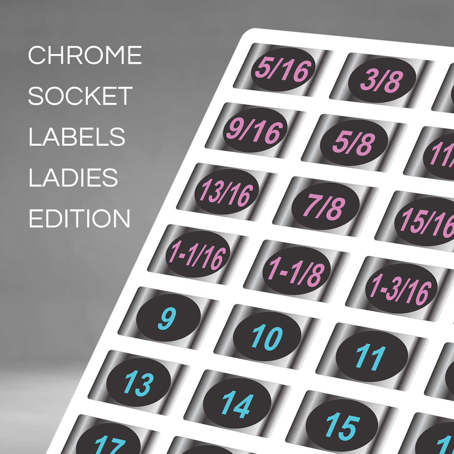 2 Chrome Socket Labels "Ladies Edition" Color Coded for "Easy Read" 60 stickers