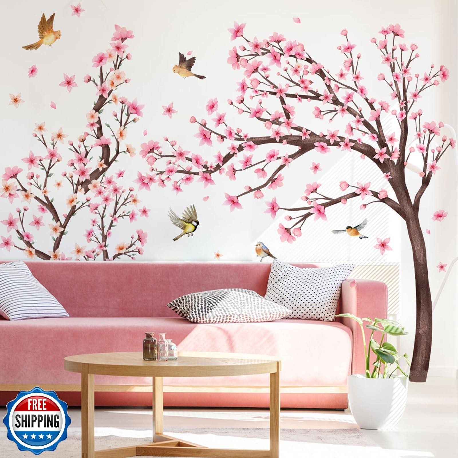 Large Cherry Blossom Tree Wall Stickers Pink Flower Tree Wall Decals for Girl