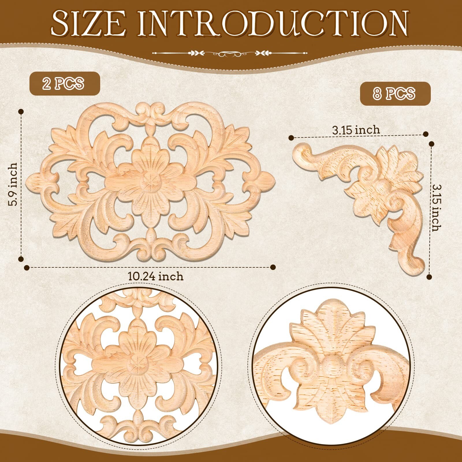 10 Pcs Wood Appliques Decorative Wood Appliques Onlays for Furniture Door Cen…