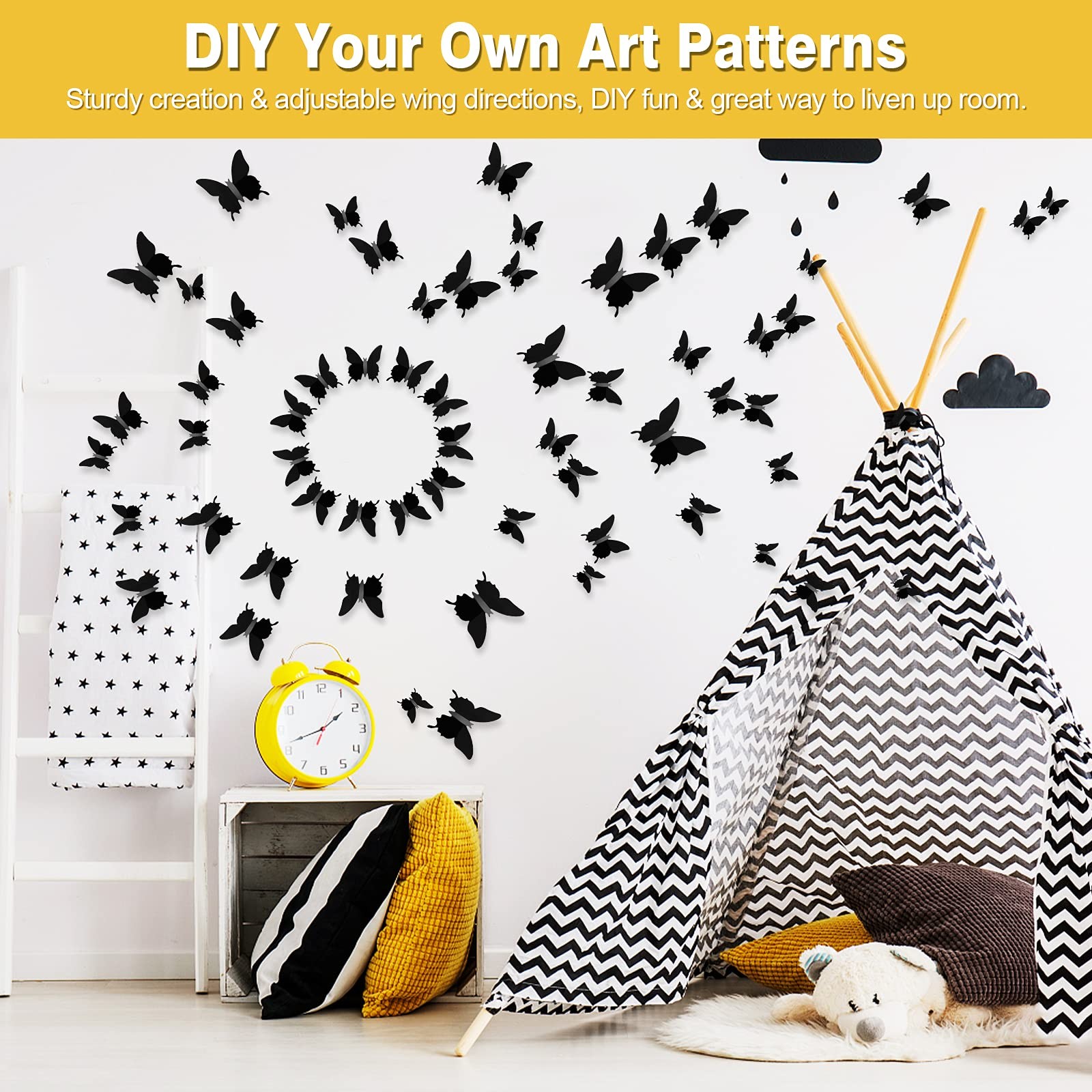 Ryangic 3D Butterfly Wall Decor 48pcs Black Polished Stickers 3 Sizes