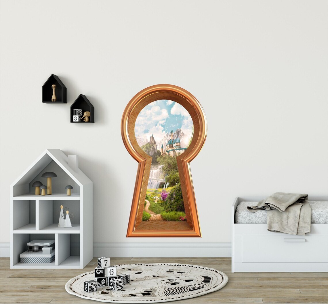 Keyhole Fabric Wall Decal Fairytale Castle Waterfall Mountain View Wall Sticker