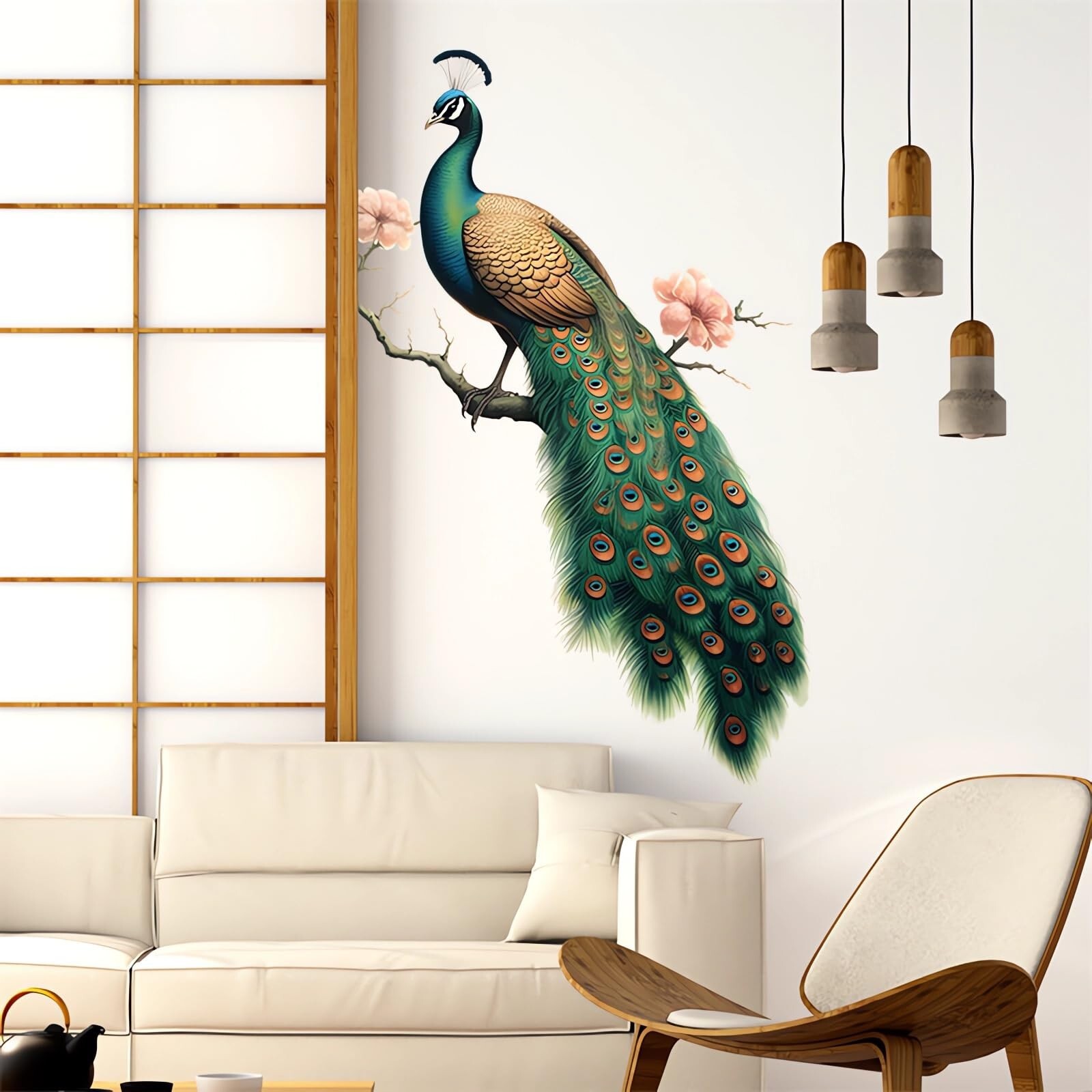 Green Peacock Peach Blossom Painted Wall Stickers, sacinora Beautiful Art Wal…