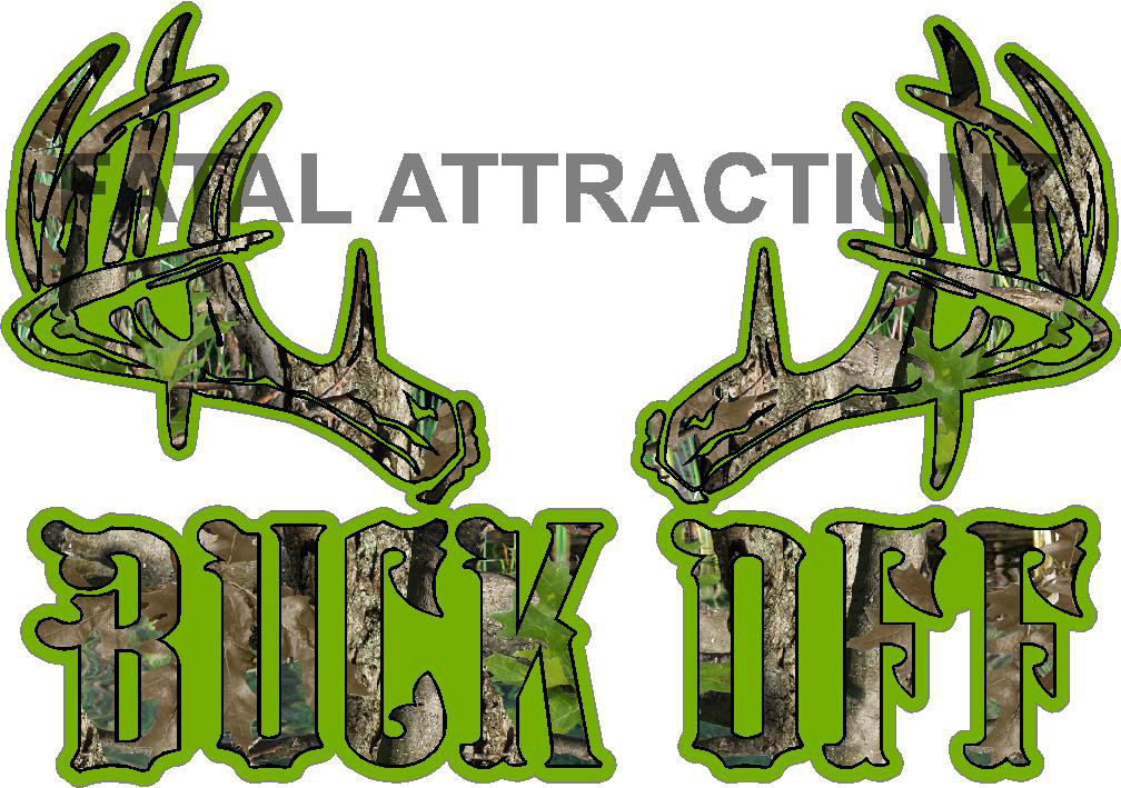 Lime Camo Buck Off Vinyl Sticker Decal deer hunting whitetail bow rack skull