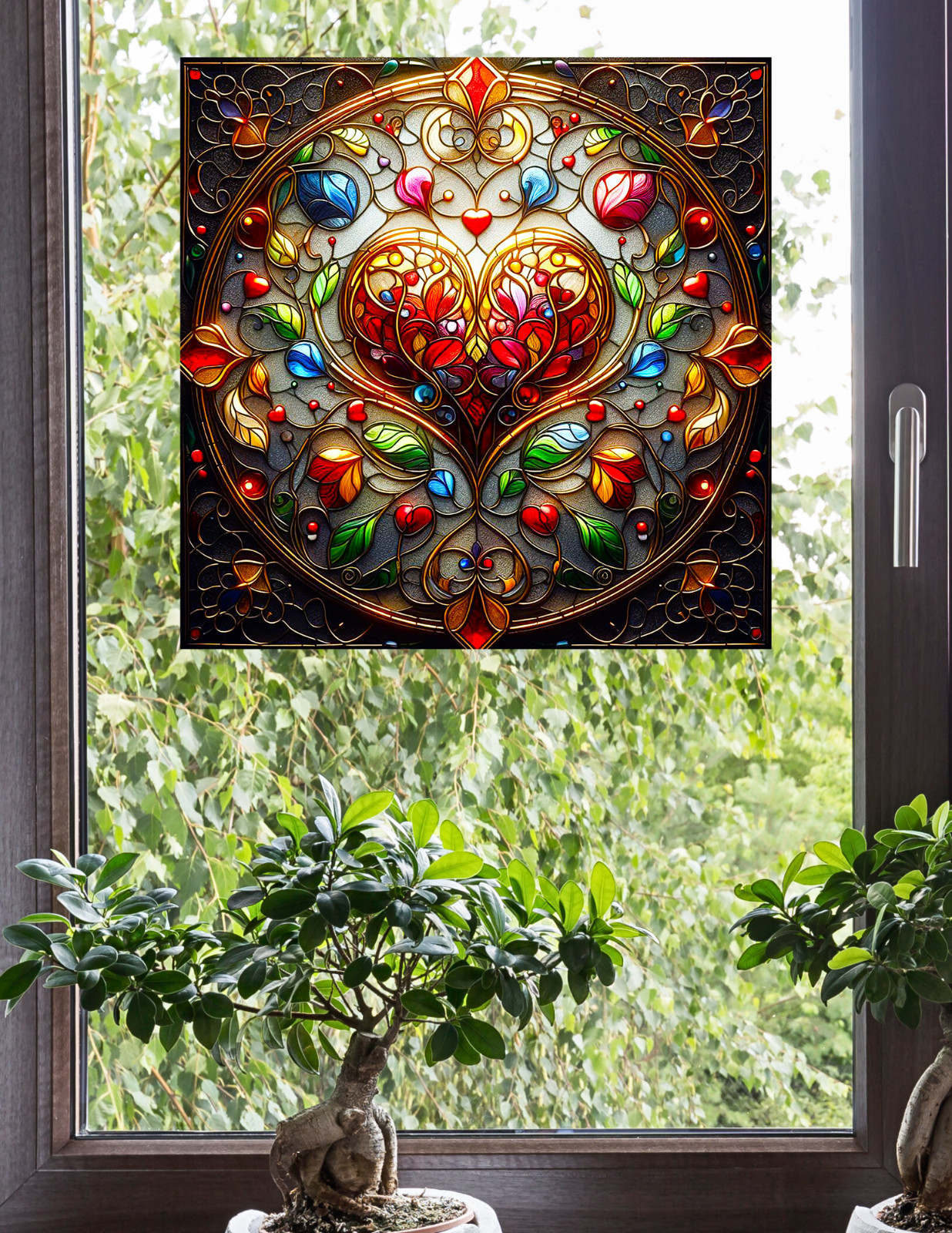 Ornate Jewel Heart Faux Stained-Glass WINDOW CLING Suncatcher Size 8" Vinyl