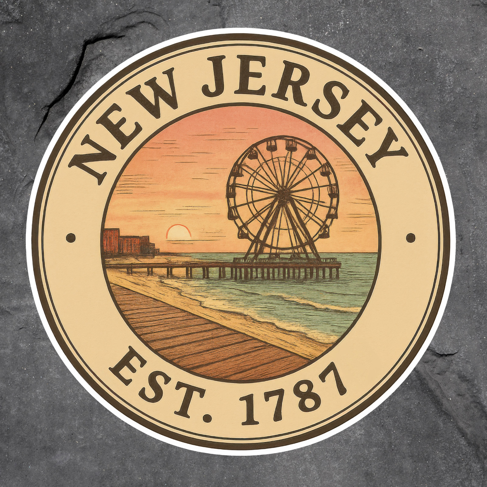 New Jersey sticker vinyl decal boardwalk ferris wheel sunset beach retro